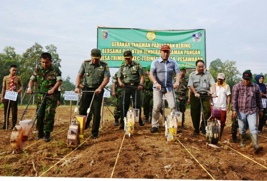 TANAM PADI. Direktur Jenderal Tanaman Pangan Sumarjo Gatot Irianto, didampingi Kasrem 043/Gatam Letkol Inf Jajang Kurniawan, melakukan tanam padi di lahan kering di Desa Trimulyo, Kecamatan Tegineneng, Kabupaten Pesawaran, Senin (9/4).
DOK KOREM 043/GATAM
