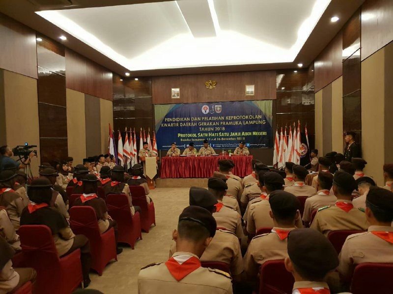 kegiatan pendidikan dan latihan keprotokolan bagi 60 pramuka penegak dan pandega di Hotel Arnes Bandar Lampung. Lampung Post/ Setiaji Bintang Pamungkas