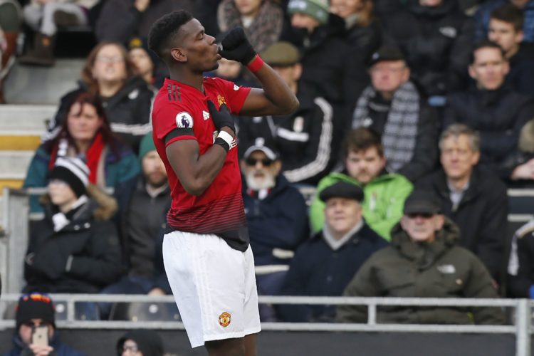 Manchester United's French midfielder Paul Pogba celebrates after scoring the opening goal of the English Premier League football match between Fulham and Manchester United at Craven Cottage in London on February 9, 2019. (Photo by Ian KINGTON / AFP) / RESTRICTED TO EDITORIAL USE. No use with unauthorized audio, video, data, fixture lists, club/league logos or 'live' services. Online in-match use limited to 120 images. An additional 40 images may be used in extra time. No video emulation. Social media in-match use limited to 120 images. An additional 40 images may be used in extra time. No use in betting publications, games or single club/league/player publications. /
