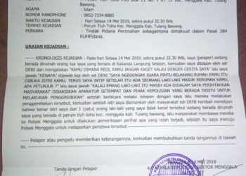 Surat laporan RD terkait perselingkuhan istrinya. (LAMPUNG POST/FERDI IRWANDA)