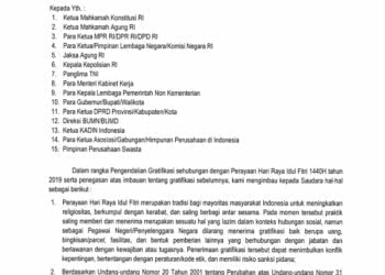 EDARAN KPK. Surat edaran Komisi Pemberantasan Korupsi (KPK) yang mengimbau pejabat negara dan pegawai negeri sipil (PNS) tidak menerima gratifikasi menjelang Idulfitri.
(ISTIMEWA)