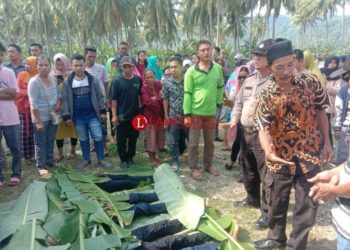 Warga menyaksikan jasad remaja yang tenggelam tergulung ombak di Pantai Sebalang. (Foto:Lampost/Perdhana)