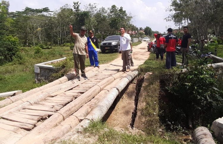 JEMBATAN DARURAT. Komandan Kodim (Dandim) 0426/Tulangbawang Letkol Inf Kohir saat meninjau jembatan darurat dari batang pohon kelapa di Desa Pancawarna, Kecamatan Way Serdang, Kabupaten Mesuji, Minggu (23/6). Jembatan tersebut akan menjadi salah satu yang diperbaiki dalam karya bakti TNI AD di Mesuji. (DOKUMENTASI KODIM 0426/TULANGBAWANG)
