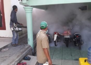 PENGASAPAN. Petugas UPTD Puskesmas Rawat Inap Kecamatan Sragi, Lampung Selatan, melakukan pengasapan atau fogging di rumah warga di Dusun Kualajaya, Desa Bandaragung, Kecamatan Sragi, Kamis (20/6). (LAMPUNG POST/ARMANSYAH)