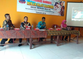PELATIHAN. Sejumlah narasumber mengisi pelatihan bagi pengurus Bumdes Mekar Maju Mandiri Desa Mekarmulya, Kecamatan Palas, Lampung Selatan, Jumat (5/7). Tujuan dari pelatihan itu adalah meningkatkan pengetahuan dan keterampilan serta kapasitas pengurus. (DOKUMENTASI PEMDES MEKARMULYA)