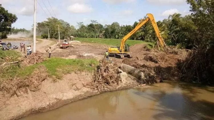 BENAHI. Alat berat saat memperbaiki tanggul penangkis di wilayah Kecamatan Palas, Lampung Selatan, beberapa waktu yang lalu. (DOKUMENTASI)