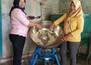 GUNAKAN ALAT.  Dosen Polinela dan anggota Kelompok Tani Maju Bersama melakukan pengolahan beras Siger berbasis teknologi ASUH menggunakan alat pembentuk butiran, di Desa Sidomulyo, Kecamatan Sekampung, Lampung Timur, baru-baru ini.
(ISTIMEWA)