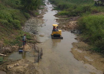 SURUT. Kondisi saluran primer di Desa Pulaujaya, Kecamatan Palas, Lampung Selatan, yang mulai surut saat memasuki musim kemarau, Minggu (4/8). Ekskavator mini sedang menggali agar air tetap mengalir dan mampu mengairi tanaman padi. (LAMPUNG POST/ARMANSYAH)