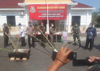 MUSNAHKAN BARANG BUKTI. Kejaksaan Negeri Way Kanan bersama Forkopimda Kabupaten memusnahkan barang bukti di depan Kantor Kejaksaan setempat, Kamis (1/8). (LAMPUNG POST/CANDRA PUTRA WIJAYA)