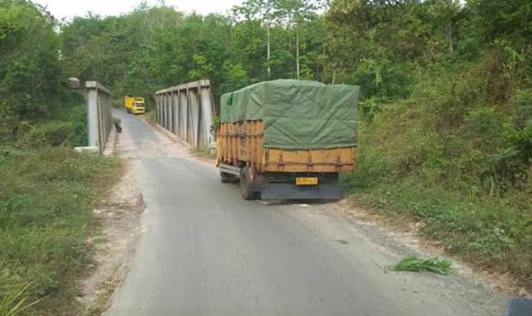 MASIH MELINTAS. Truk pengangkut batu bara masih melintas jalan kabupaten yang berada di Way Kanan. Kondisi tersebut membuat masyarakat khawatir jalan akan makin cepat rusak. (DOKUMENTASI WARGA)
