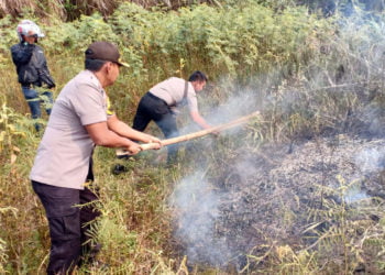 KEBAKARAN LAHAN. Petugas gabungan memadamkan api yang membakar lahan gambut di wilayah Kampung Cakatraya, Kecamatan Menggala Timur, Tulangbawang, Senin (23/9) siang. (LAMPUNG POST/FERDI IRWANDA)