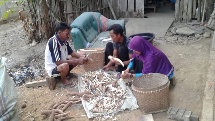 KESULITAN BAHAN BAKU. Yuyung, perajin tiwul warga Desa Abungjayo, Kecamatan Abung Selatan, bersama anaknya mengupas singkong sebelum diolah menjadi tiwul, di rumahnya, Jumat (6/9). Kemarau membuat pasokan singkong sangat sulit. (LAMPUNG POST/YUDHI HARDIYANTO)