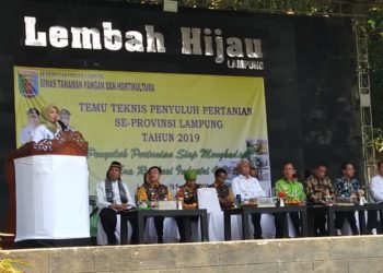 PENYULUH PERTANIAN. Wakil Gubernur Lampung Chusnunia Chalim memberikan sambutan pada pertemuan teknis penyuluhan pertanian, di Lembah Hijau, Bandar Lampung, Kamis (19/9). (ISTIMEWA)