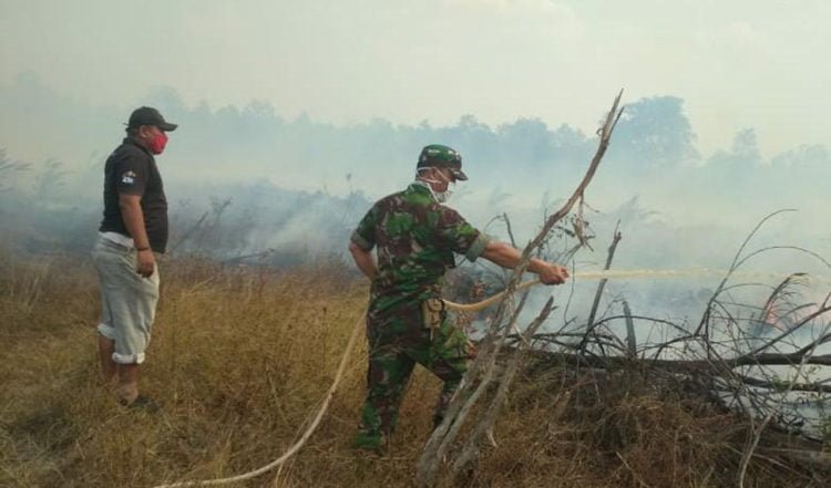 PADAMKAN KEBAKARAN. Anggota Koramil 0426-01/Mesuji dan warga berupaya memadamkan api yang membakar lahan gambut di perbatasan Mesuji, Lampung, dengan Ogan Kemering Ilir (OKI), Selasa (8/10). Kebakaran menghanguskan sekitar 3 hektare lahan gambut. (DOKUMENTASI KORAMIL 0426-01)