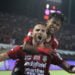 RAYAKAN GOL. Penyerang Bali United Ilija Spasojevic berselebrasi dengan rekannya Fahmi Al Ayyubi usai mencetak gol ke gawang Perseru Badak Lampung pada Liga 1 2019 di Stadion Kapten I Wayan Dipta, Gianyar, Bali, Selasa (22/10). Kekalahan 0-3 dari Bali United meembuat posisi Laskar Saburai di klasemen terancam. (ANTARA/FIKRI YUSUF)