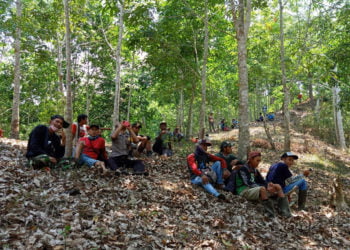 GIRING GAJAH. Sejumlah petugas beristirahat usai melakukan pengawasan dan penggiringan kawanan gajah liar di Suoh, Lampung Barat, Rabu (9/10). Penggiringan dilakukan agar kawanan gajah liar kembali ke habitatnya di Taman Nasional Bukit Barisan Selatan. (DOKUMENTASI BHABINKAMTIBMAS
PEKON BANDINGAGUNG)