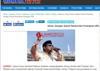 Tangkapan layar pemberitaan palsu dari situs media blog