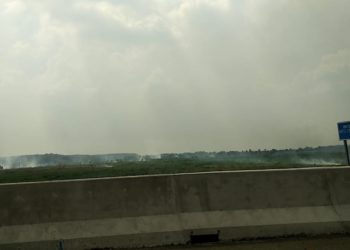 TITIK ASAP. Sejumlah titik asap terpantau dari jalan tol trans-Sumatera Km 189, Tulangbawang Barat, Selasa (12/11). AHMAD SOBIRIN