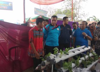 KUNJUNGI STAN. Ketua Karang Taruna Provinsi Lampung Dendi Ramadhona mengunjungi stan UMKM yang ada saat menghadiri peringatan Bulan Bhakti Karang Taruna (BBKT) ke-59 di Desa Trimulyo, Kecamatan Tegineneng, Kamis (5/12). LAMPUNG POST/PUTRA PANCASILA SAKTI