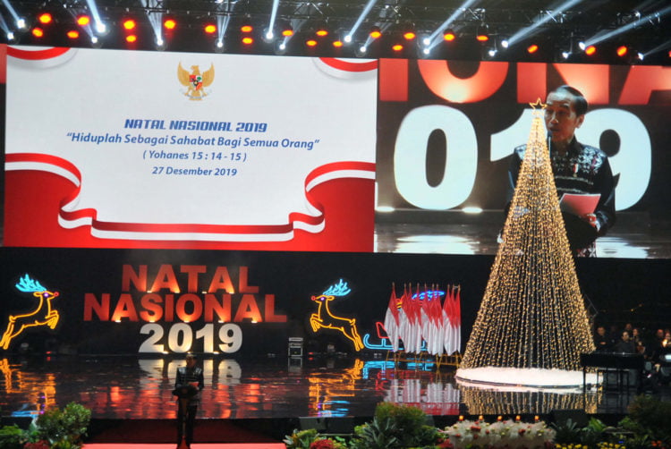 NATAL NASIONAL. Presiden Joko Widodo menyampaikan sambutan saat perayaan Natal Nasional 2019 di Sentul International Convention Center (SICC) Bogor, Jawa Barat, Jumat (27/12). (ANTARA/ARIF FIRMANSYAH)