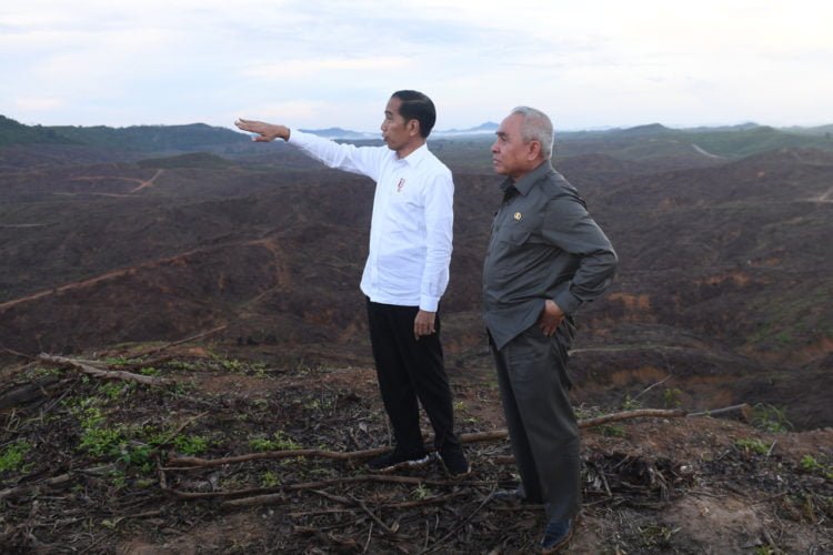 TINJAU IBU KOTA BARU. Presiden Joko Widodo (kiri) berbincang dengan Gubernur Kalimantan Timur Isran Noor (kanan) saat meninjau lokasi rencana ibu kota baru di Sepaku, Penajam Paser Utara, Kalimantan Timur, Selasa (17/12). (ANTARA/ABAR NUGROHO GUMAY)