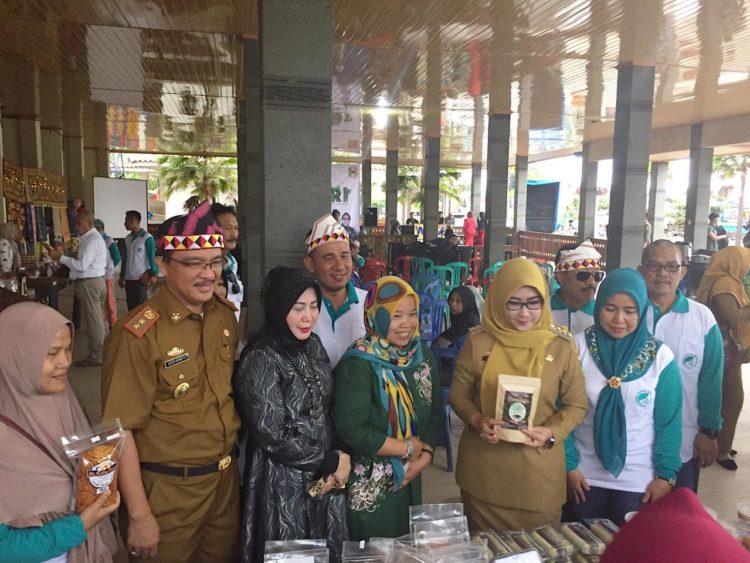 DEKLARASI KOPARRI. Bupati Tanggamus Dewi Handajani menunjukkan produk olahan warga Tanggamus saat deklarasi Koperasi Pariwisata Republik Indonesia (Koparri), di Taman Wisata Muara Indah, Kotaagung, Tanggamus, Senin (16/12). Koparri diharapkan dapat memberdayakan UMKM dan menggerakan ekonomi masyarakat bawah. n ISTIMEWA