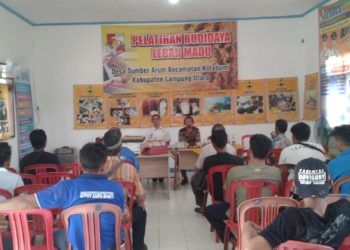 Kepala Desa (Kades) Sumber Arum, Kecamatan Kotabumi, Bintoro, mendampingi pemateri  di pelatihan budidaya lebah madu yang di gelar di aula desa setempat, Rabu (18/12). LAMPUNG POST/YUDHI HARDIYANTO