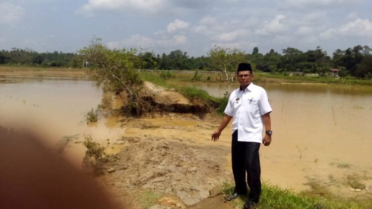 AKIBAT BANJIR. Camat Banyumas, Kabupaten Pringsewu, Hartoyo, saat meninjau jalan alternatif yang putus akibat banjir, Rabu (15/1). DOK KECAMATAN BANYUMAS
