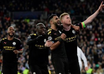 Selebrasi gelandang Manchester CIty Kevin de Bruyne (kanan) usai mencetak gol ke gawang Real Madrid (Foto: AFP/Javier Soriano)