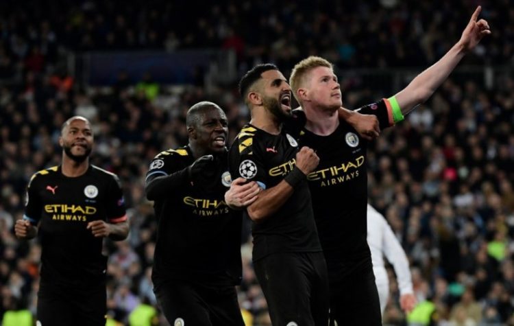 Selebrasi gelandang Manchester CIty Kevin de Bruyne (kanan) usai mencetak gol ke gawang Real Madrid (Foto: AFP/Javier Soriano)
