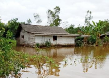 TERENDAM BANJIR. Satu rumah di Kampung Andalascermin, Kecamatan Rawapitu, Tulangbawang, terendam banjir, Senin (27/4). n LAMPUNG POST/FERDI IRWANDA