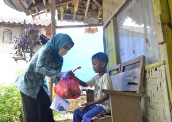 Ketua TP PKK Kabupaten Pesawaran Nanda Indira Dendi saat memberikan bantuan sembako. Foto: Dok