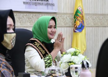 TELESIMPOSIUM. Bunda Pendidikan Anak Usia Dini (PAUD) Provinsi Lampung Riana Sari Arinal saat acara Telesimposium IX IDI Cabang Lampung Timur di Ruang Command Center Dinas Kominfo dan Statistik Provinsi Lampung, Sabtu (13/6). DOK ADPIM