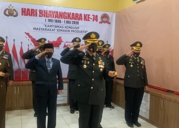 Polres Lampung Utara menggelar upacara secara virtual di Aula Rekumfu Mapolres setempat, Rabu (1/7/2020). HARI SUPRIYONO