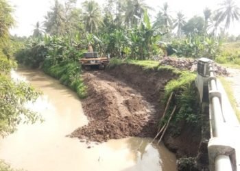 Sebuah alat berat saat meratakan tanggul penangkis Way Pisang di Desa Sukabakti, Kecamatan Palas, Lampung Selatan, Kamis (23/7/2020). Armansyah