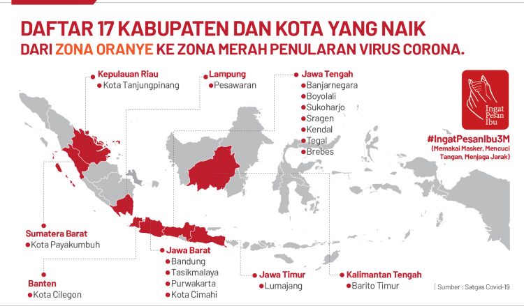 Grafis Daftar 17 kabupaten/kota yang kini berstatus zona merah per 17 November 2020.