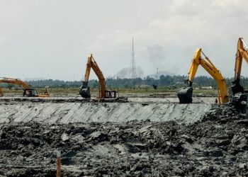 TAMBAK UDANG. Empat ekskavator membangun lahan klaster budi daya tambak udang di pesisir timur, Desa Pematangpasir, Kecamatan Ketapang, Lampung Selatan, Rabu(18/11). LAMPUNG POST/AAN KRIDOLAKSONO