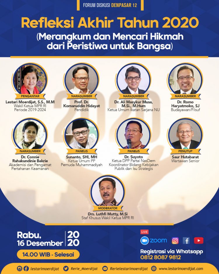 diskusi bertema Refleksi Akhir Tahun 2020 (Merangkum dan Mencari Hikmah dari Peristiwa untuk Bangsa) secara daring yang digelar Forum Diskusi Denpasar 12, Rabu (16/12).
