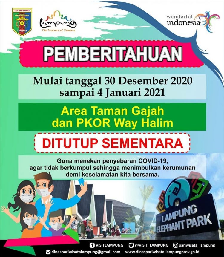 Himbauan Pemprov Lampung terkait penutupan sementara PKOR dan Taman Gajah pada libur Natal dan Tahun Baru.