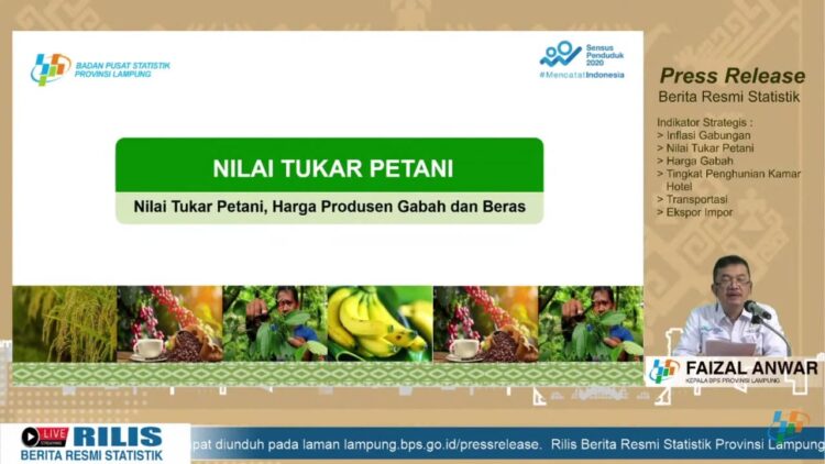 Kepala BPS Provinsi Lampung Faizal Anwar saat menyampaikan rilis perkembangan Nilai Tukar Petani (NTP) di Lampung melalui kanal Youtube BPS Lampung, Rabu, 2 Juni 2021. (Dok)
