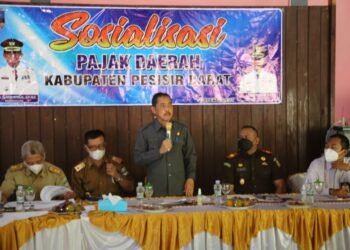 SOSIALISASI PAJAK. Sekretaris Kabupaten Pesisir Barat, N Lingga Kusuma saat kegiatan sosialisasi pajak daerah di Sunset Beach Hotel, Pantai Pekon Way Redak, Kecamatan Pesisir Tengah, Senin (7-6). DOK