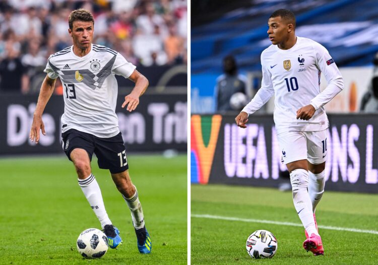 (COMBO) This combination of file picture made on June 13, 2021, shows Germany's midfielder Thomas Mueller in Leverkusen on June 8, 2018; and France's forward Kylian Mbappe in Solna on September 5, 2020. - France will face Germany in a UEFA EURO Group F fotball match on June 15, 2021. (Photo by Patrik STOLLARZ and Jonathan NACKSTRAND / AFP)