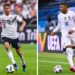 (COMBO) This combination of file picture made on June 13, 2021, shows Germany's midfielder Thomas Mueller in Leverkusen on June 8, 2018; and France's forward Kylian Mbappe in Solna on September 5, 2020. - France will face Germany in a UEFA EURO Group F fotball match on June 15, 2021. (Photo by Patrik STOLLARZ and Jonathan NACKSTRAND / AFP)