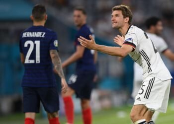 Germany's forward Thomas Mueller reacts during the UEFA EURO 2020 Group F football match between France and Germany at the Allianz Arena in Munich on June 15, 2021. (Photo by Matthias Hangst / POOL / AFP)