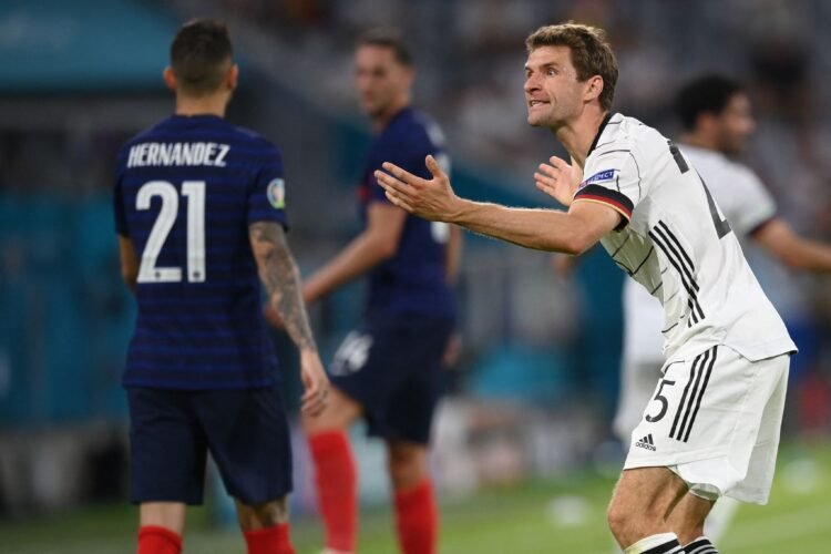 Germany's forward Thomas Mueller reacts during the UEFA EURO 2020 Group F football match between France and Germany at the Allianz Arena in Munich on June 15, 2021. (Photo by Matthias Hangst / POOL / AFP)