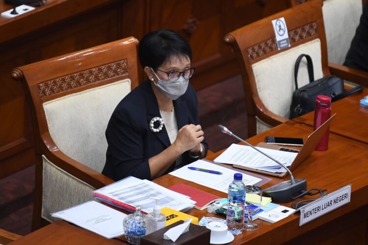 Menteri Luar Nergeri Retno Marsudi di gedung Senayan Jakarta, Kmis 2 agustus 2021.Foto Antara / Sigid Kurniawan