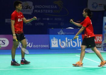 Pasangan ganda campuran Indonesia, Adnan Maulana/Mychelle Chrystine Bandoso.ANTARA FOTO/Ari Bowo Sucipto