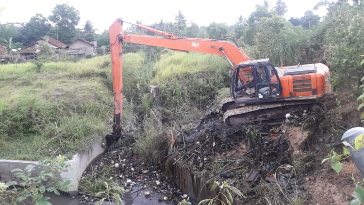 DIKERUK. Alat berat mengeruk endapan lumpur yang ada di Sungai Way Tuba, Kecamatan Natar, Lampung Selatan, Rabu (3/11). Sedimentasi di sungai itu menjadi salah satu penyebab terjadinya banjir pada Senin (1/11). ISTIMEWA