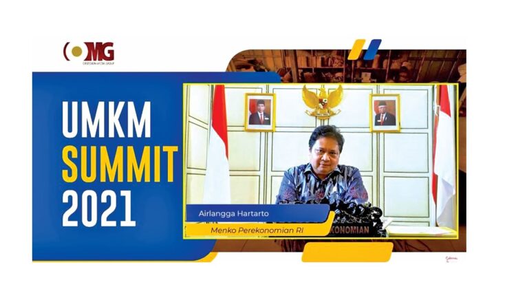 UMKM SUMMIT 2021. Menteri Koordinator Bidang Perekonomian Airlangga Hartarto saat memberikan keynote speech pada acara webinar Obsession Media Group UMKM Summit 2021 dengan tema PPKM outlook 2022, pasca-PPKM dan peluang 2022, Sabtu (6/11).
(DOK)