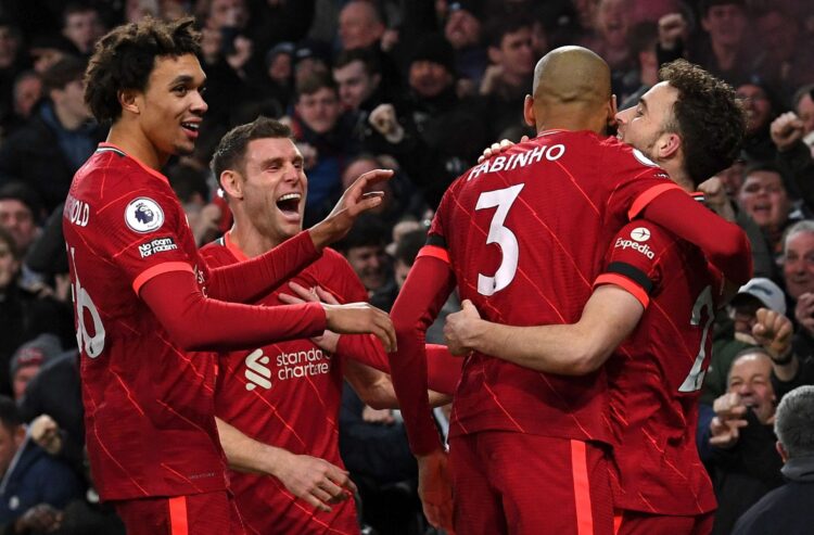 LAGA PRIMER INGGRIS.Para pemain Liverpool melakukan selebrasi usai mencetak gol ke gawang Everton di laga Liga Primer Inggris.AFP/PAUL ELLIS